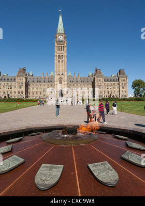 Ewige Flamme im kanadischen Parlament. Eine Gasflamme brennt in Erinnerung unter der hohen Peace Tower auf dem Parlamentshügel. Stockfoto