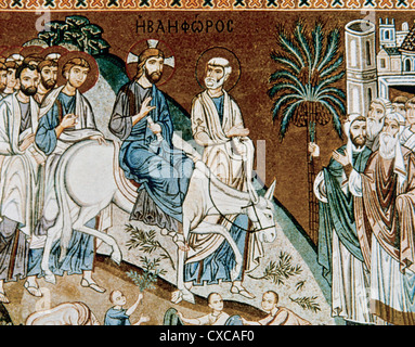 Byzantinische Kunst. Italien. Triumphalen Einzug Jesu in Jerusalem. Mosaik. Palast der Normannen oder Königspalast. Palermo. Sizilien. Stockfoto