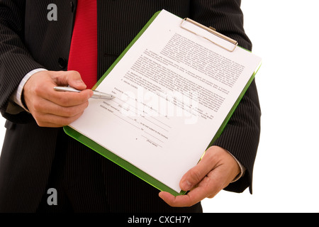 Business-Mann zeigt der Stelle wo der Verkäufer den Vertrag (hausgemachte Vertrag) unterschreiben muss Stockfoto