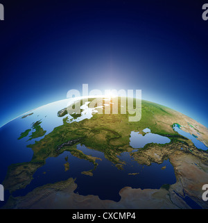 Planetenerde mit Sonne über europäische Länder (Elemente des Bildes von der NASA eingerichtet) 3D Render Stockfoto