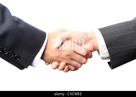 Handschlag zwischen Unternehmer und eine Geschäftsfrau, die isoliert auf weiss Stockfoto