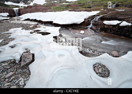 Alpine Stream mit Schnee, Glacier National Park, Montana, Vereinigte Staaten von Amerika, Nordamerika Stockfoto