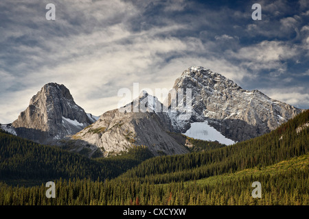 Smutts Creek, Commonwealth Gipfel links, Schweine Tail Zentrum und Mount Birdwood rechts, Peter Lougheed Provincial Park, Alberta Stockfoto