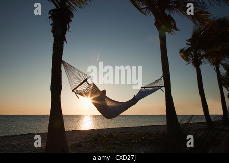 Frau auf einer Hängematte am Strand, Florida, Vereinigte Staaten von Amerika, Nordamerika Stockfoto