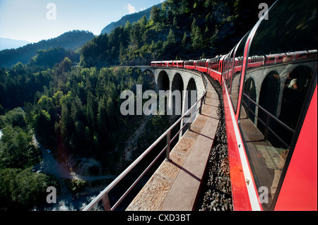 Schweiz. Der Bernina Express, die Fahrt von Chur in der Schweiz nach Tirano in Italien. Landwasser-Viadukt, 9-2012 Stockfoto