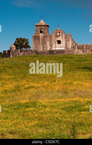 Frühling Wildblumen Wiese unterhalb der Muttergottes von Loreto-Kapelle am Presidio La Bahia, in der Nähe von Goliad, Texas, USA Stockfoto