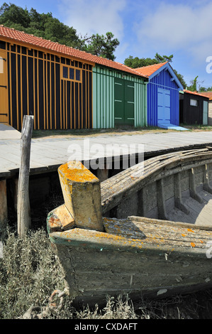 Bunte Kabinen der oyster Farm in la Baudissière in der Nähe von Dolus / Saint-Pierre-d 'Oléron, Ile d' Oléron, Charente-Maritime, Frankreich Stockfoto