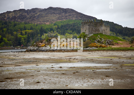 Schlamm und Sand Wohnungen bei Ebbe auf Causeway freigelegt. Castle Tioram mit Riska Insel im Hintergrund, Highland, Schottland Stockfoto