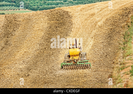 Landwirtschaft mit Traktor und Pflug im Feld Stockfoto