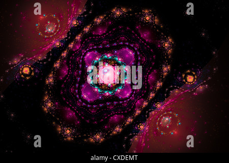 Magenta kaleidoskopischen abstrakte Fraktal Flamme auf schwarzem Hintergrund. Stockfoto
