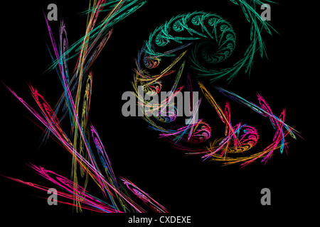 Computergenerierte abstrakte Spirale Fractal Flamme auf schwarzem Hintergrund. Stockfoto