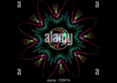 Abstrakte Blumen Fractal Flamme auf schwarzem Hintergrund. Stockfoto