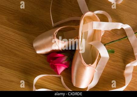 Eine Reihe von Punkt Ballettschuhe oder Hausschuhe eine Hasel Stock mit einer einzigen rosa Rose mit Textfreiraum Stockfoto