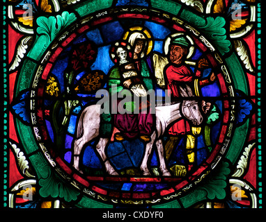 Mittelalterliche Glasmalerei Darstellung Maria, baby Jesus und Joseph auf einem Esel, die Kathedrale von Canterbury, Canterbury, Kent Stockfoto