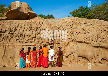 Arjunas Buße Granit Schnitzereien, Mamallapuram (Mahabalipuram), UNESCO-Weltkulturerbe, Tamil Nadu, Indien, Asien Stockfoto