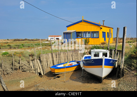 Bunte Kabine Austernfarm an la Baudissière in der Nähe von Dolus / Saint-Pierre-d'Oléron, Ile d'Oléron, Charente-Maritime, Frankreich Stockfoto