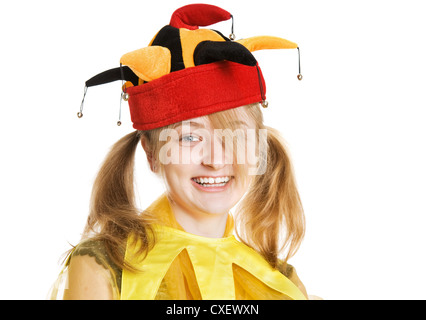 Junge, blonde Frau in fool's cap Stockfoto