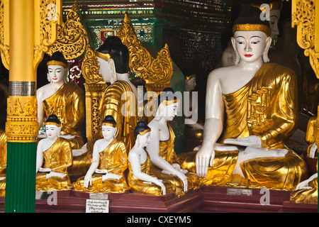 BUDDHA-Statuen werden an der SHWEDAGON PAYA oder Pagode aus dem Jahre 1485 - YANGON, BIRMA angebetet Stockfoto