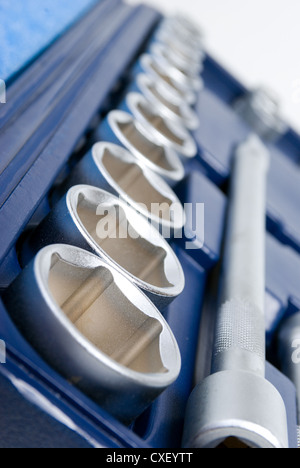 Satz von metallischen Werkzeugen. Chrom-Schraubenschlüssel Stockfoto