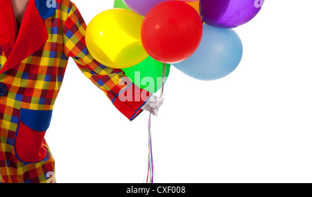 Ein Clown mit Luftballons auf weißem Hintergrund mit Textfreiraum Stockfoto