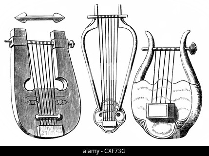 Griechischen Saiteninstrumente oder Begleitakkorde der Antike, Lyra, Psalterium oder Leier und Chelys, Stockfoto