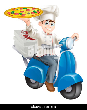Ein elegant gekleidet Pizzabäcker in seinem Chef weißen liefern Pizza auf sein Moped. Stockfoto