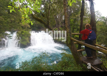 Elk198-3158 Chile Pucon, Ojos del Caburgua Wasserfall, veröffentlichte Modell Wanderer Stockfoto