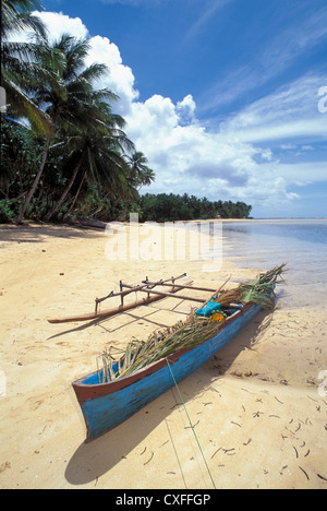 Ausleger-Kanu auf Palmen gesäumten Strand, Dorf Walung Kosrae, Mikronesien. Stockfoto