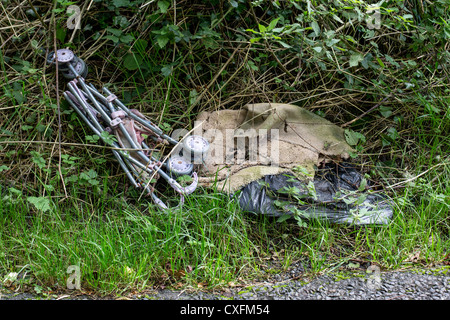 Illegale Ablagerung von Abfällen auf einen Feldweg Stockfoto