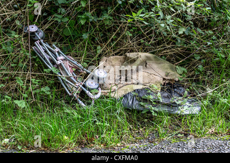 Illegale Ablagerung von Abfällen auf einen Feldweg Stockfoto