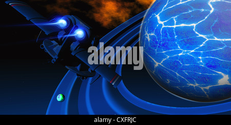 Ein Raumschiff fliegt in der Nähe von einem Eisplaneten und seine Ringe in der Nähe einer Weltraum-Nebel-Wolke. Stockfoto