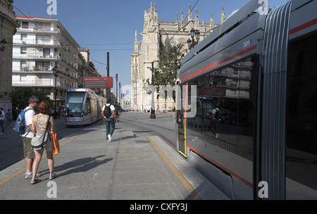 Elektrische Straßenbahnen von der Kathedrale in der Hauptstraße von Sevilla Spanien Stockfoto