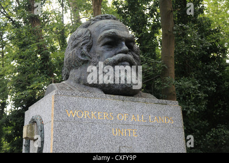 Statue und Grab von Karl Marxs auf dem HIghgate Cemetery in Nord-London Stockfoto