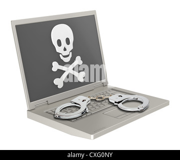 Totenkopf auf dem Laptopbildschirm mit Handschellen Stockfoto