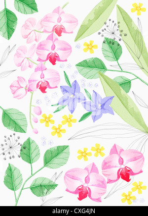 Ein Gemälde von rosa blaue und gelbe Blumen Stockfoto