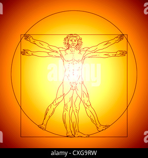 Vitruvianische Mensch Skizze von Leonardo da Vinci im Goldton Stockfoto