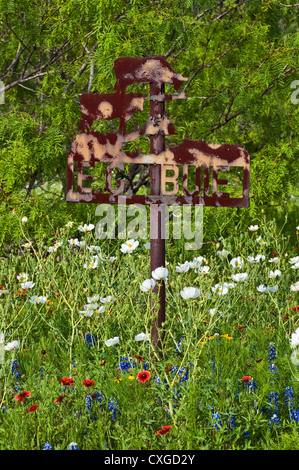 Schmiedeeisen Ranch Zeichen und Wildblumen im Frühjahr bei Willow City Loop im Hügelland in der Nähe von Fredericksburg, Texas, USA Stockfoto