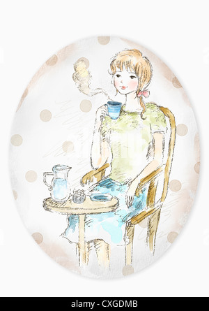 Ein Beispiel für eine Frau, die das Trinken von Kaffee auf einem Couchtisch Stockfoto