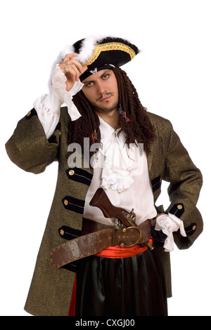 Porträt des jungen Mannes in einem Piratenkostüm mit Pistole Stockfoto