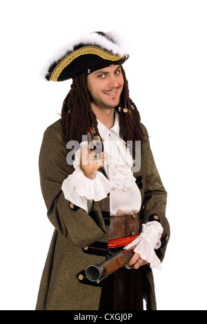 Porträt des jungen Mannes in einem Piratenkostüm mit Pistolen Stockfoto