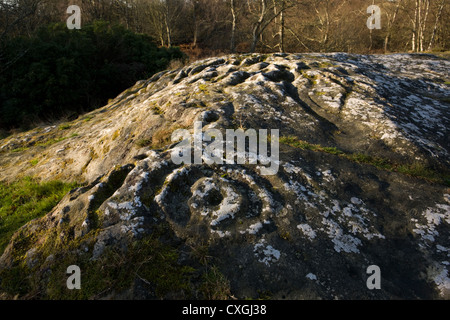 Tasse und Ring markiert Stein am Roughting Linn in Northumberland, der größte seiner Art in Nordengland Stockfoto