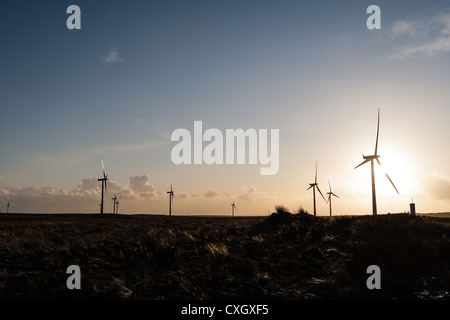 X-Achse Windkraftanlagen Windpark Whitelee bei Sonnenuntergang. Stockfoto
