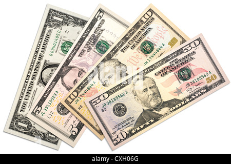 vier verschiedene Dollar Bills, US-Dollar, Front, isoliert auf 100 % weiß Stockfoto