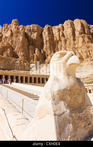 Deir al-Bahri, Hatschepsut-Tempel mit Falcon Gott Horus-Statue im Vordergrund, Luxor, Ägypten Stockfoto