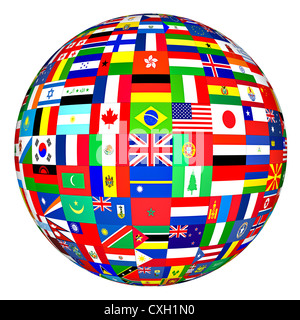 Globus auf weißem Hintergrund mit Flagge von verschiedenen Ländern. Stockfoto