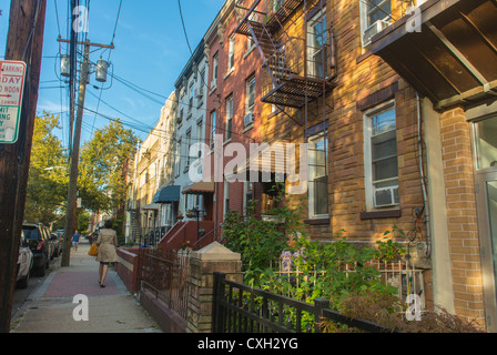Hoboken, NewJersey, USA, Straßenszenen, „Row Houses“, Stadthäuser, Sandsteinhäuser Stockfoto