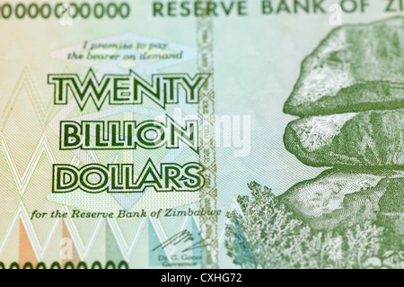 Zimbabwian 20 Milliarden Banknoten durch Hyperinflation verursacht Stockfoto