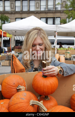 Frau Wahl Kürbisse beim Union Square Bauer-Markt in New York City, USA, 26. September 2012 © Katharine Andriotis Stockfoto