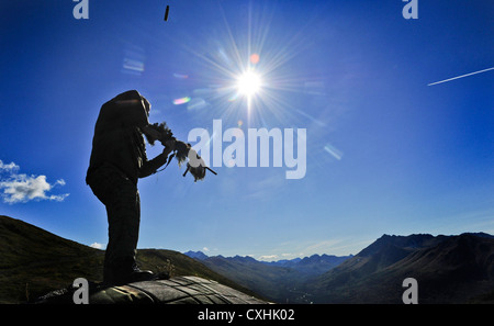 Anchorage Polizei Abteilung spezielle Waffen und Taktiken (SWAT) Team Offiziere Zug auf dem High-Angle Sniper Strecke am Joint Base Elmendorf-Richardson, Dienstag, August 28, 2012. Die spezialisierte Ausbildung bereitet die Offiziere für mehrere Szenarien, in denen die Treffsicherheit und Aufklärung notwendig sein kann. Stockfoto