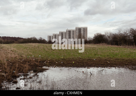 Hochhäuser mit einem nassen schlammigen Feld im Vordergrund in Kennishead, Glasgow. Stockfoto